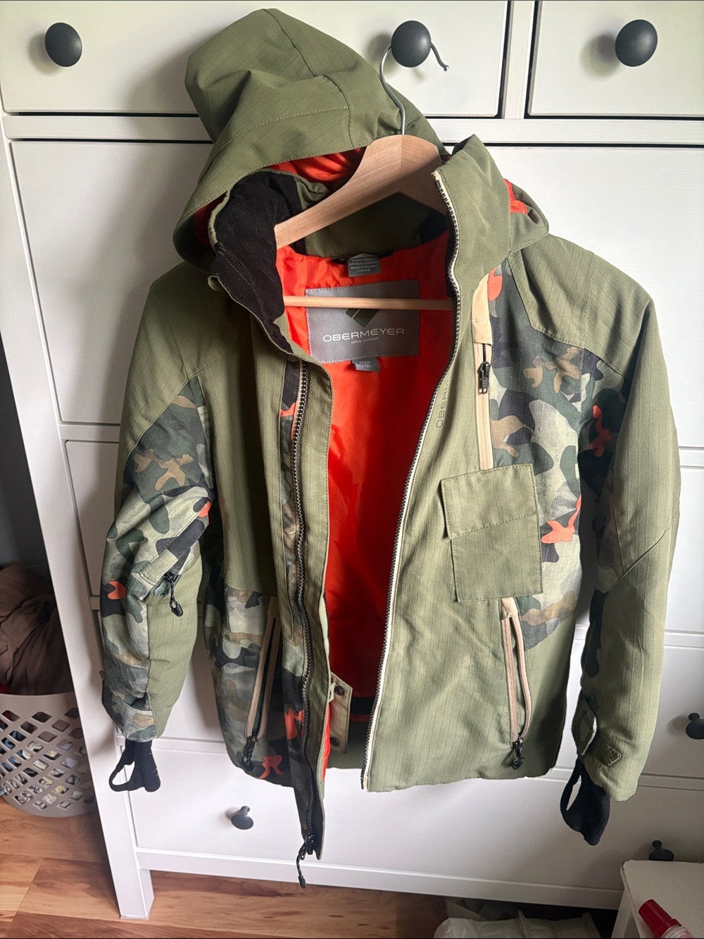 Obermeyer Olive Green Camo Ski Jacket with Bright Orange Lining